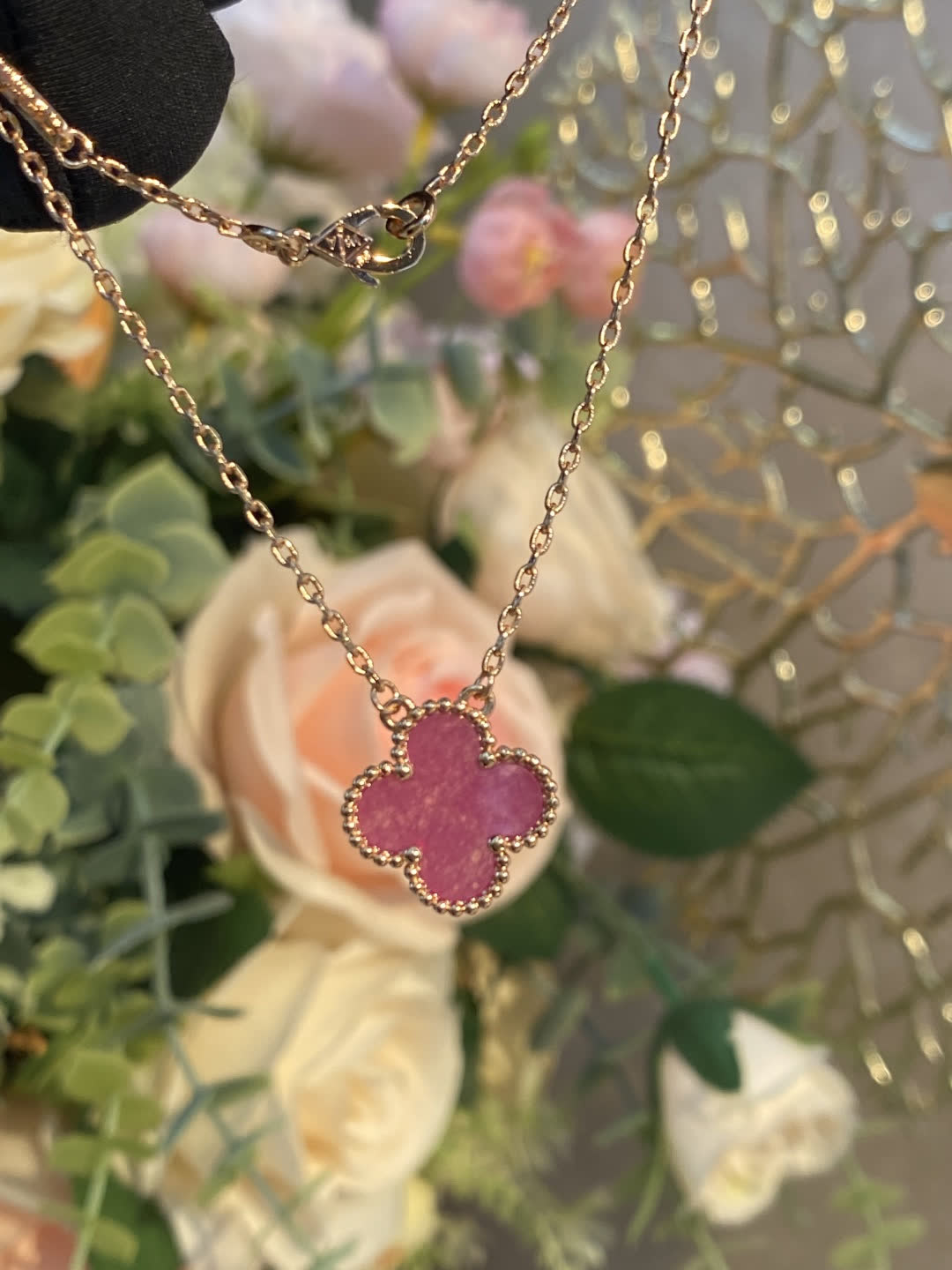 Van Cleef & Arpels Vintage Alhambra Pink Enamel Gold Necklace